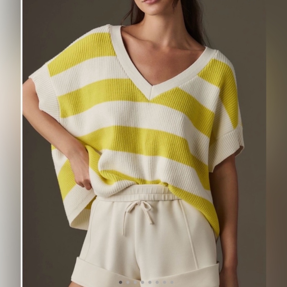 Anthropologie Maeve Yellow White striped Oversized V-Neck Sweater vest size XXS